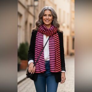 Made in Italy Striped Scarf - Red Pink Black - 100% Cotton - 62"